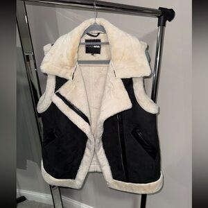 Fashion Nova Black and Cream Faux Shearling Vest